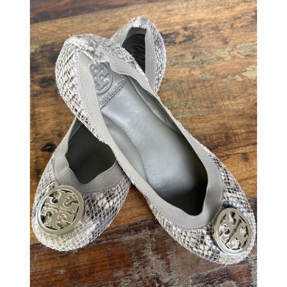 Tory Burch Reva Ballet Flats Haircalf Snakeskin Print Leather Shoes 7.5M Gold - Picture 12 of 16